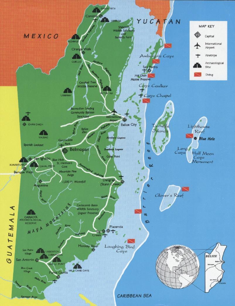 Mapa de Belize de busseig